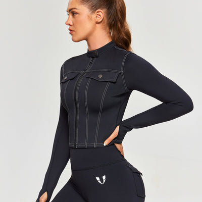 Contrast Stitching Moto Jacket - Black