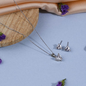 Silver Set Chain Heart-Shaped Pendant and Earrings with Stones for Women