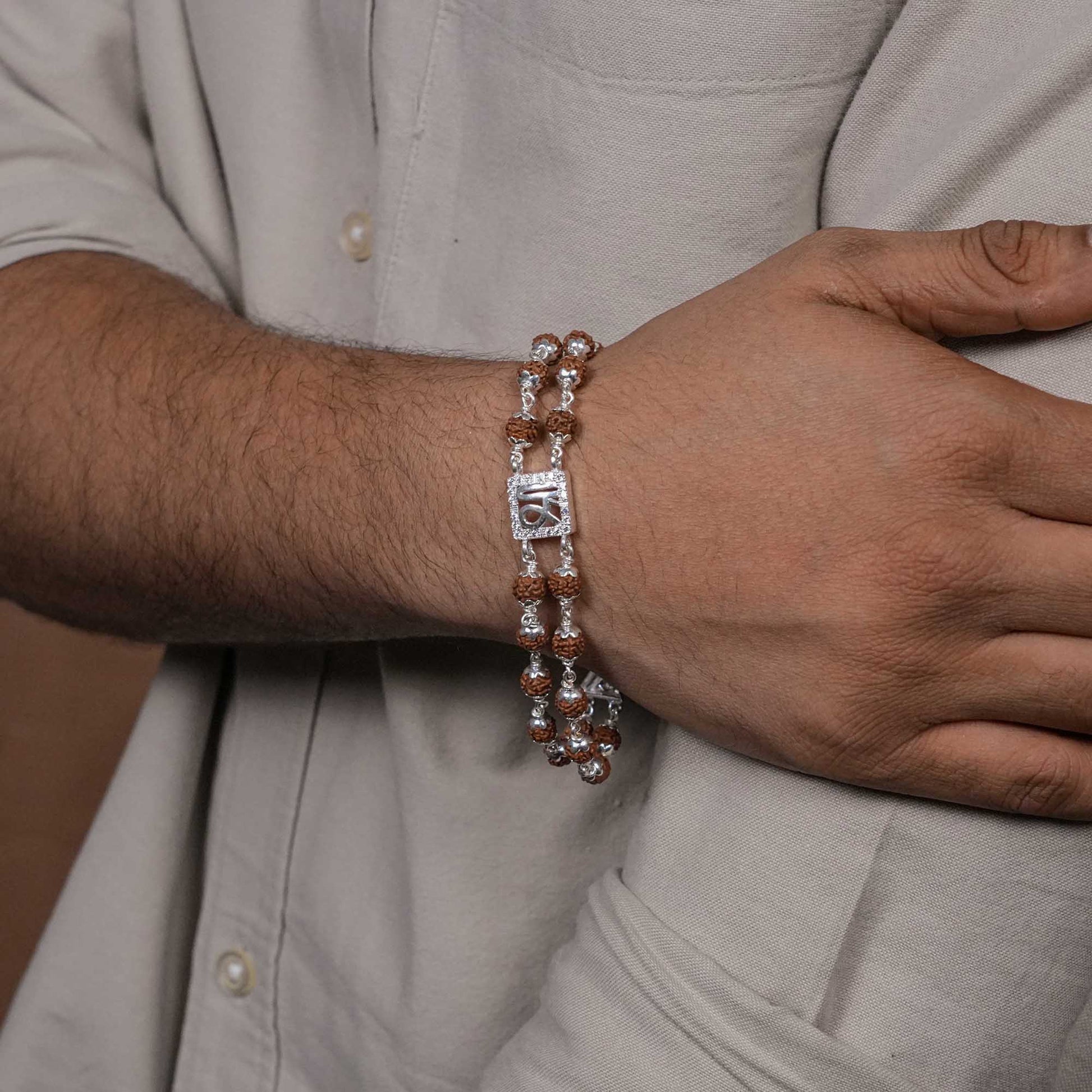 Rudraksha Silver Shree in Square double line bracelet