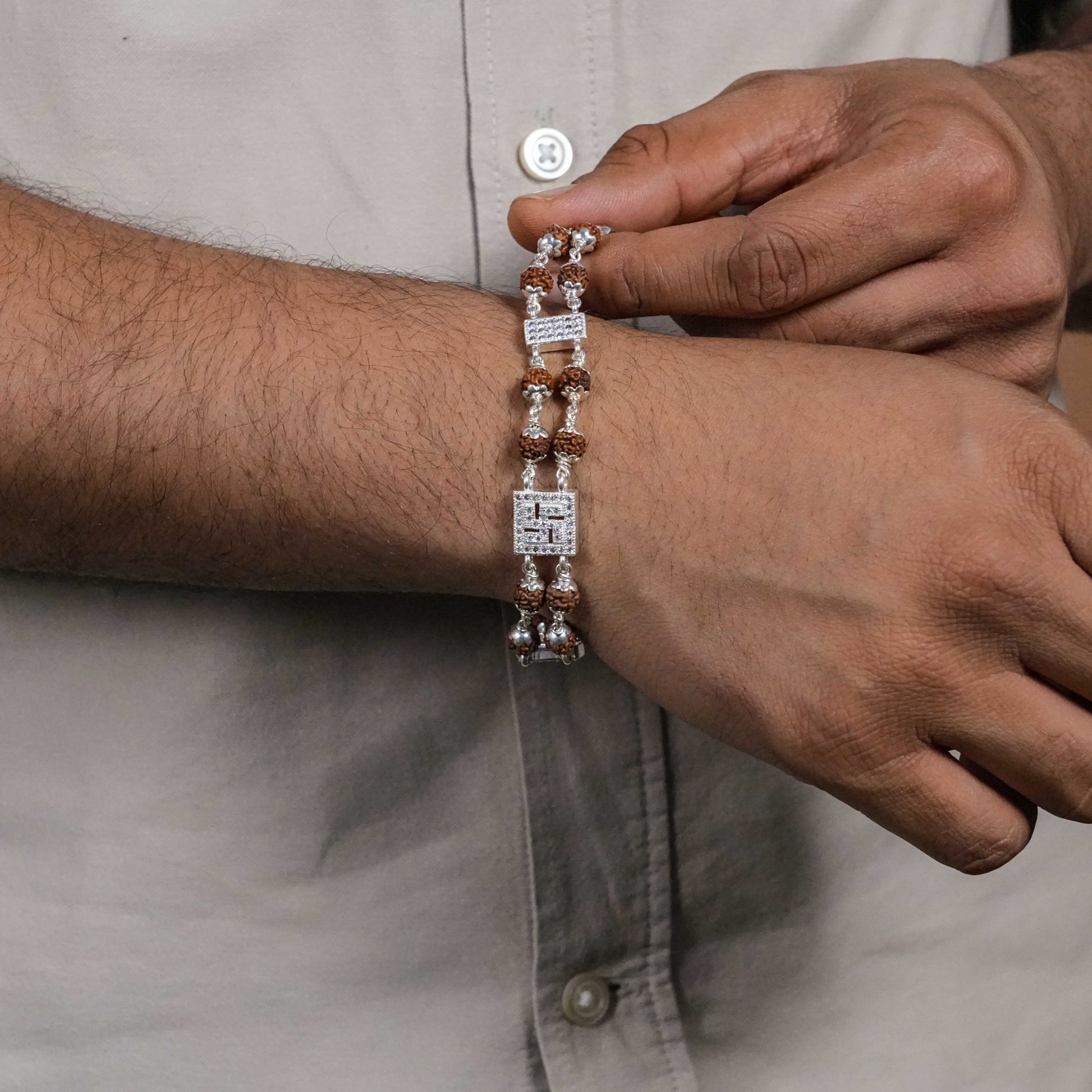 Rudraksha Silver Swastik in Diamond Square Double Line Bracelet