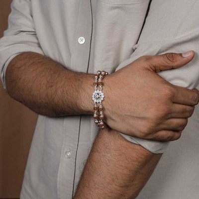 Rudraksha Silver Om Flower double line Bracelet