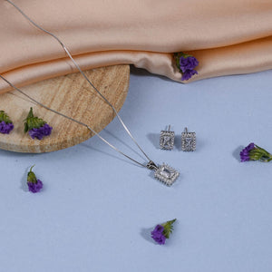 Silver Set Chain Rectangular Pendant with Earrings with Stones for Women