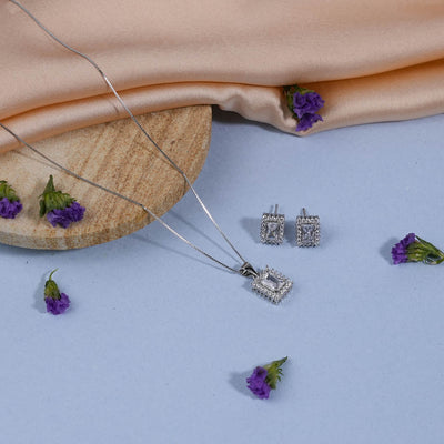 Silver Set Chain Rectangular Pendant with Earrings with Stones for Women