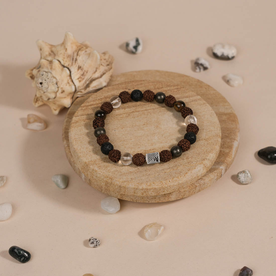 Rudraksha with Lava, Pyrite,Spatik Beads Bracelet