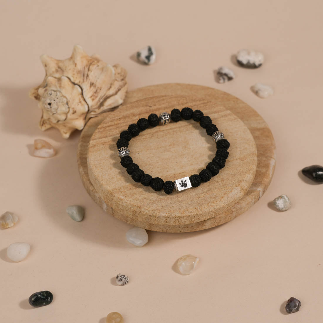 Black Rudraksha with Om Namah Shivay Silver Beads Bracelet