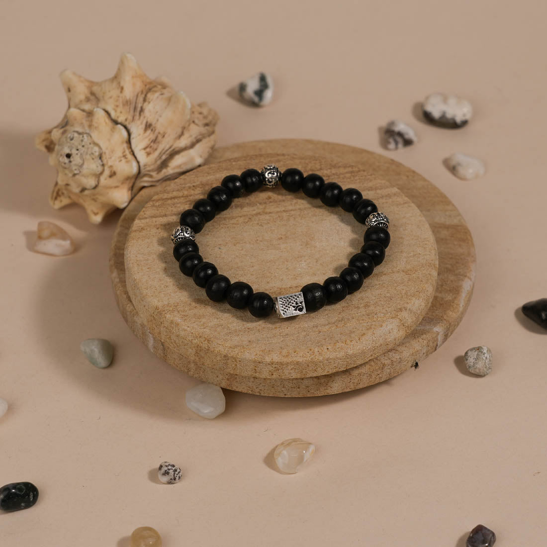 Ebony Karungali with Om Silver Beads Bracelet