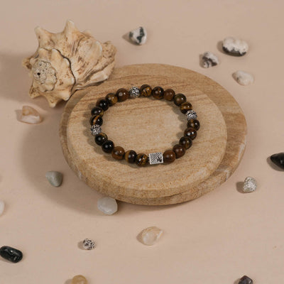 Tiger Eye Stone with Om Namah Shivay Silver Beads Bracelet