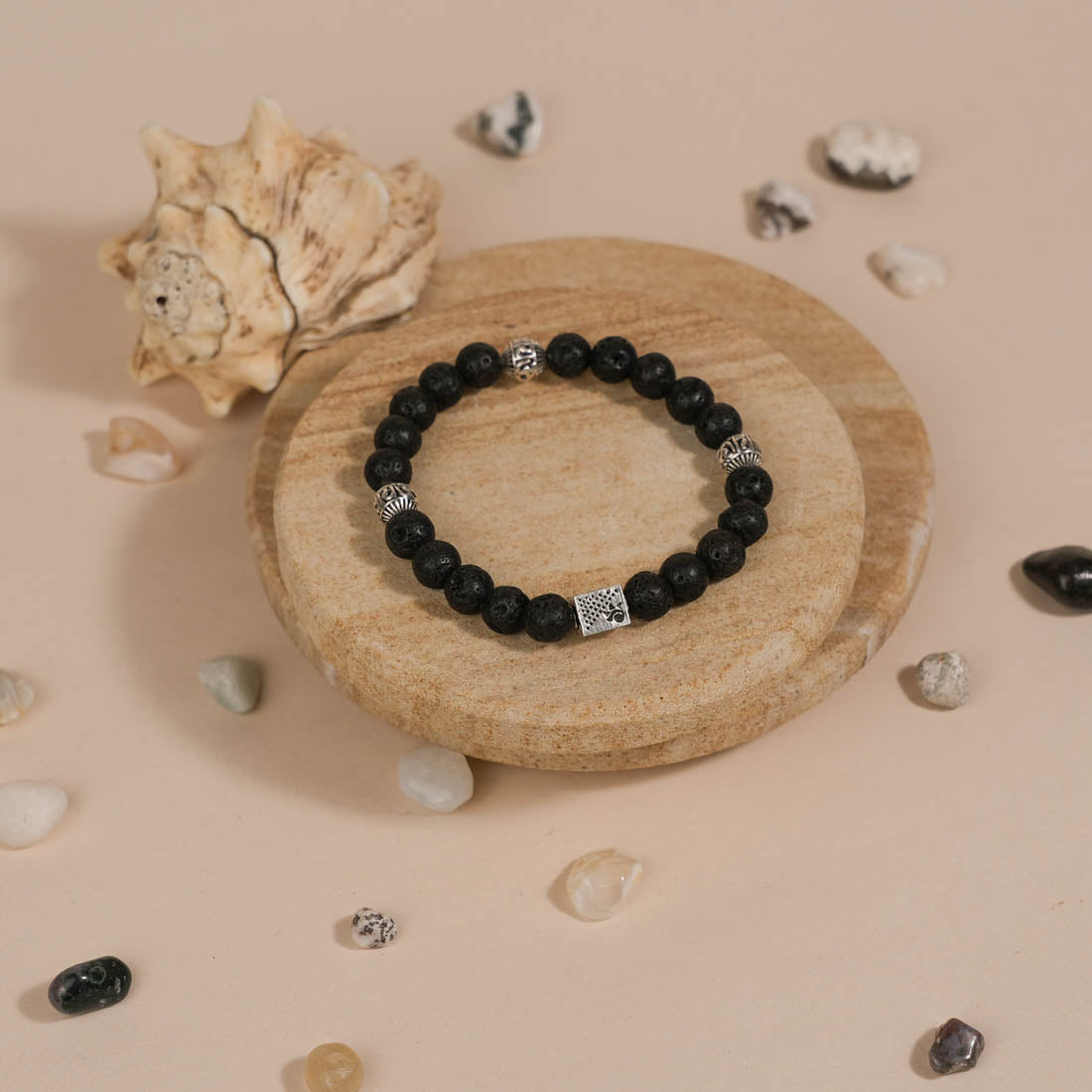 Lava Stone with Om Namah Shivay Silver Beads Bracelet