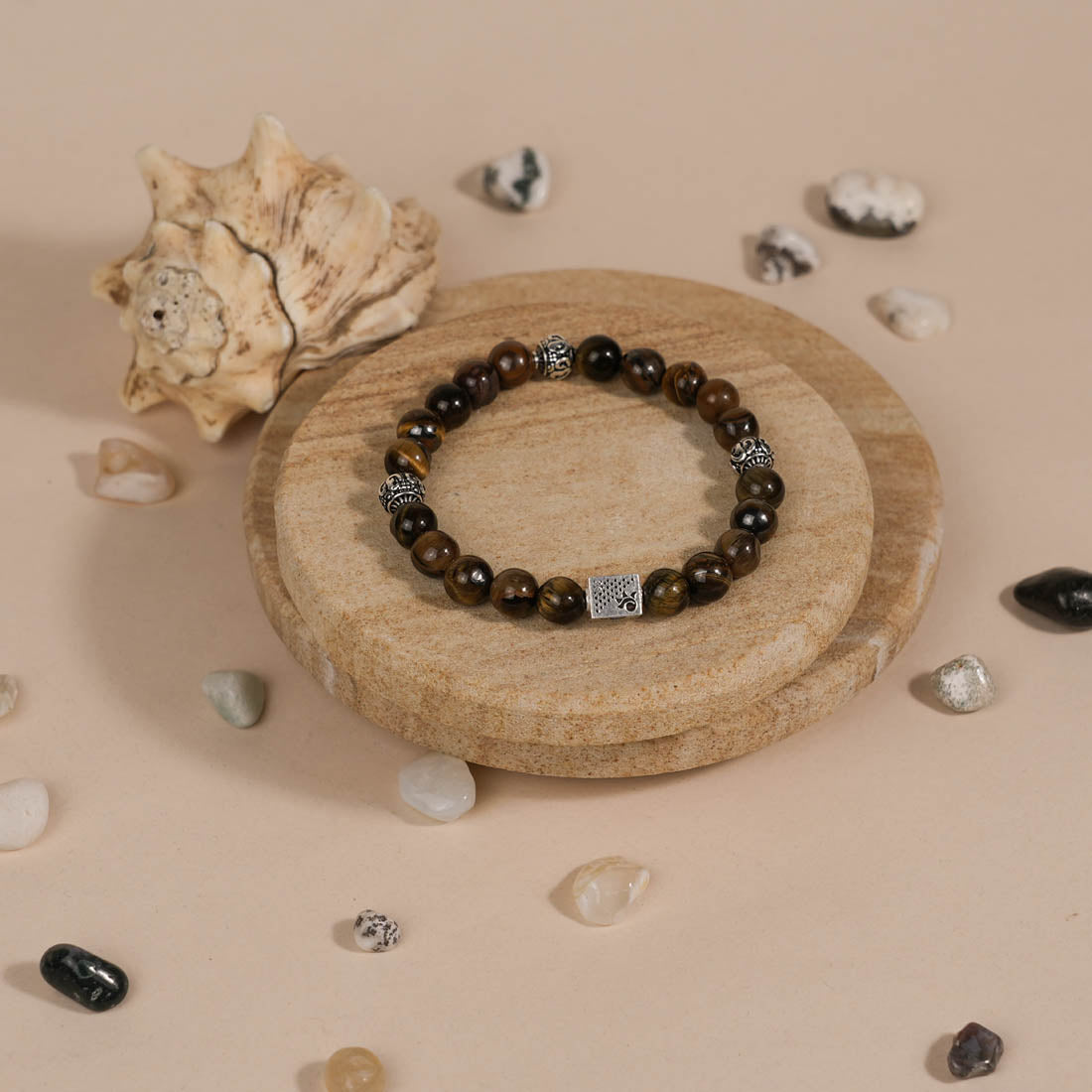 Tiger Eye Stone with Om Silver Beads Bracelet