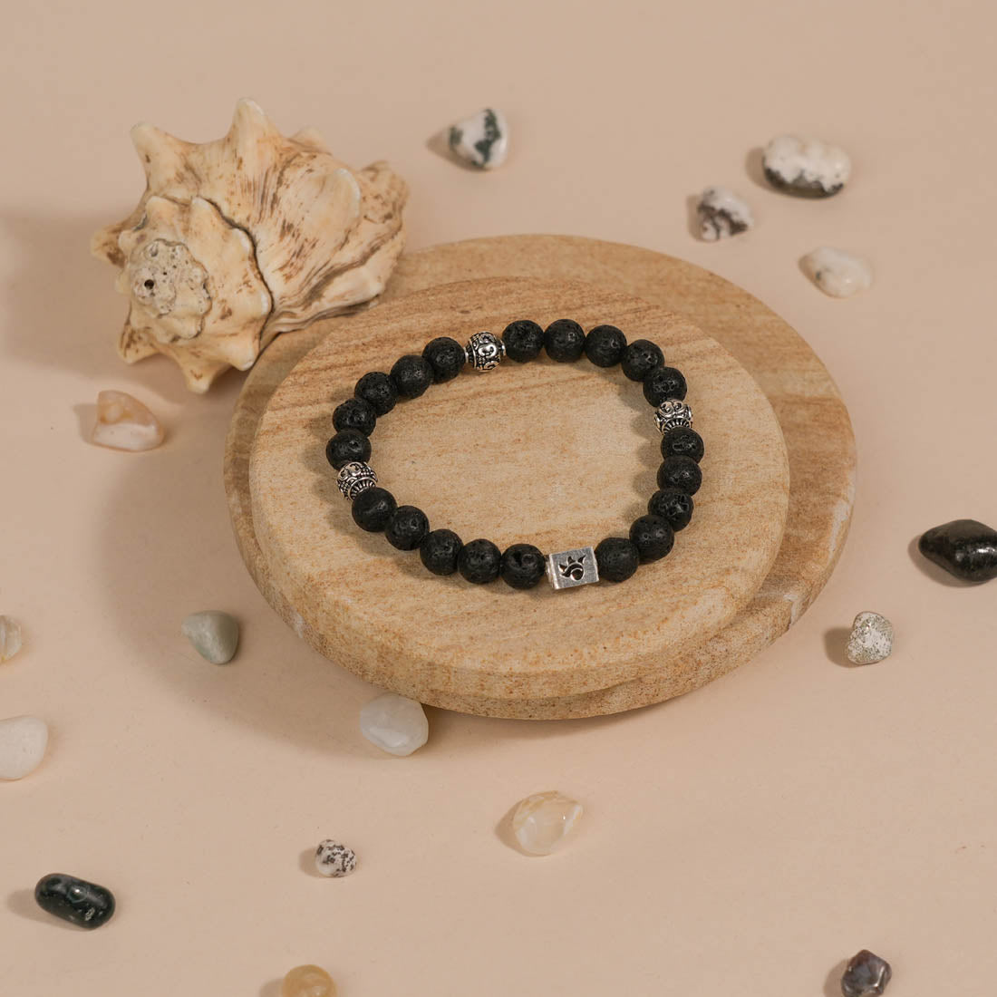 Lava Stone and Om Silver Beads Bracelet