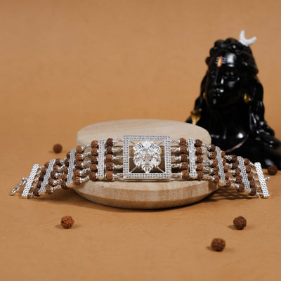 Rudraksha Silver Roaring Lion Five Lines Bracelet