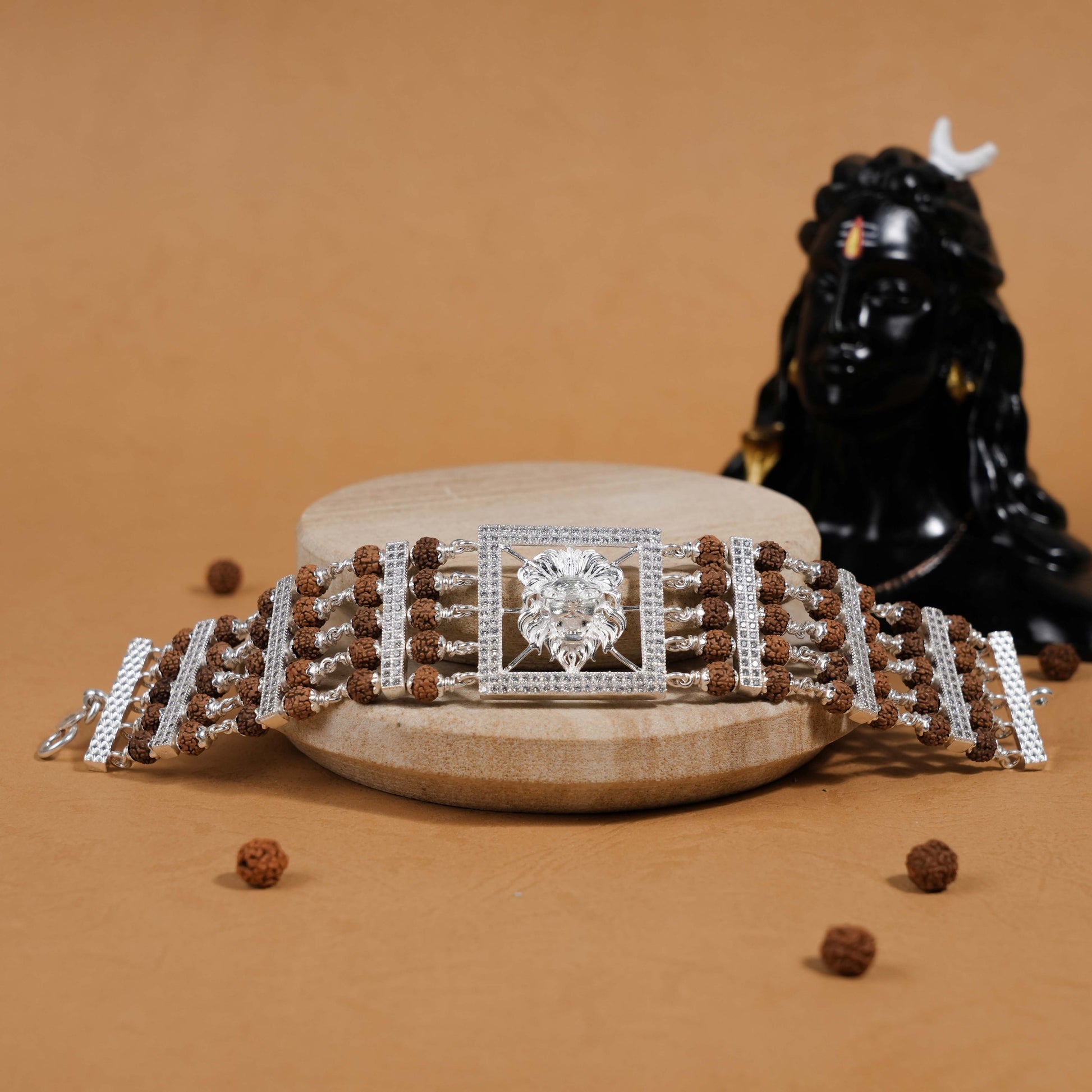 Rudraksha Silver Roaring Lion Five Lines Bracelet