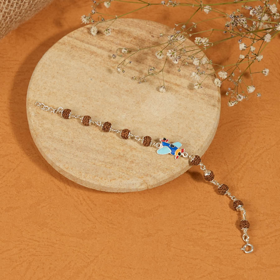 Rudraksha Silver Bracelet with Colorful Airplane Single Line for Kids