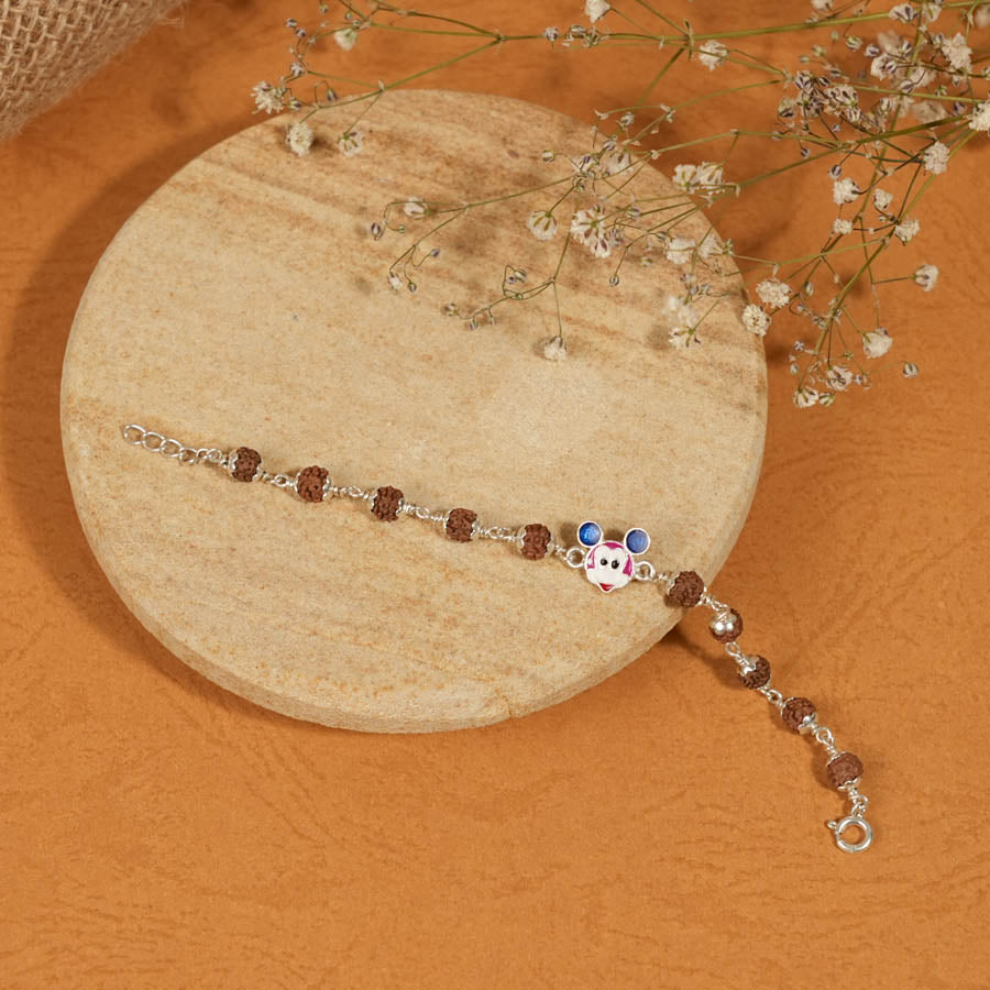 Rudraksha Silver Bracelet with Colorful Mickey Mouse Single Line for Kids