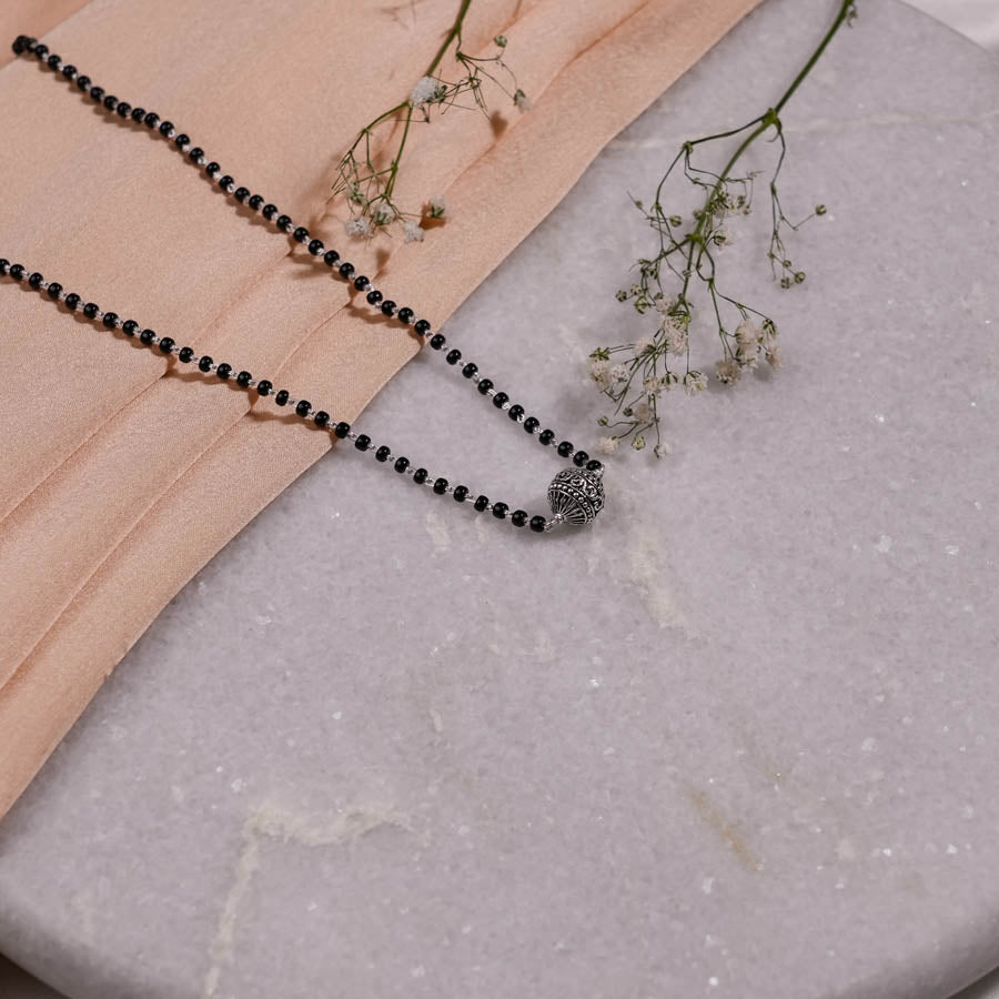 Real Black Beads Mangal Sutra with Beaded Silver Circular Pendant for Women