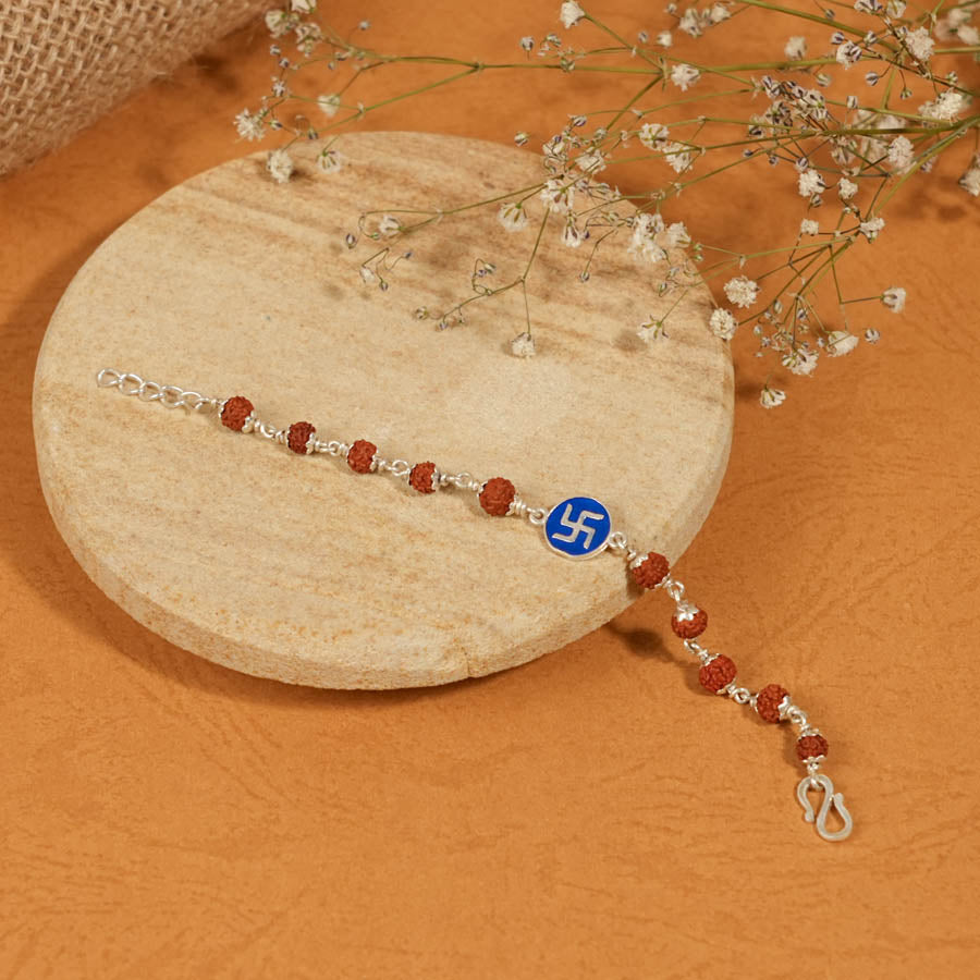 Rudraksha Silver Bracelet with Blue Swastik Single Line for Kids