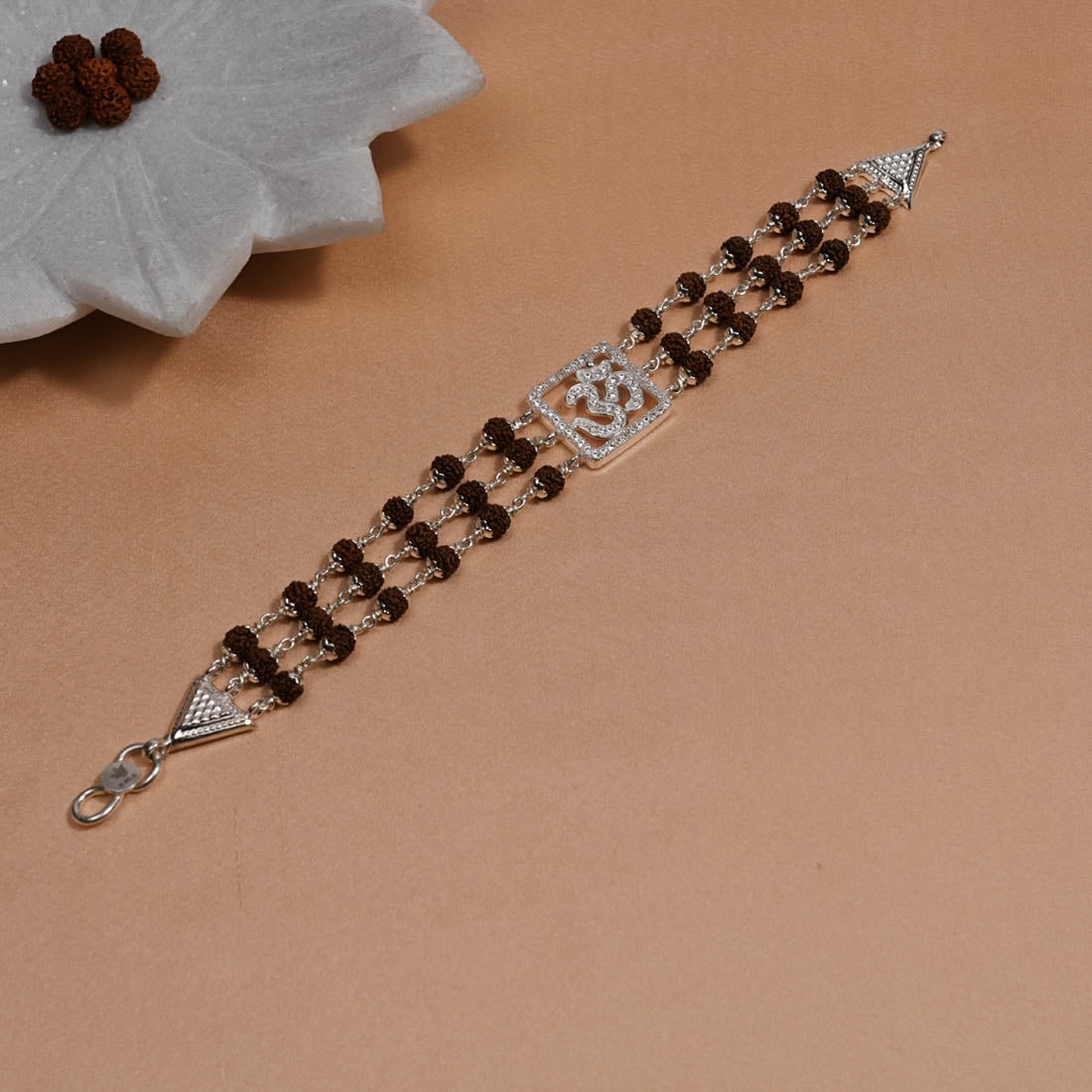 Rudraksha Silver Om Triple Line Bracelet