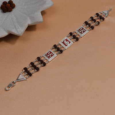 Rudraksha Silver Ganesh With Swastik Tripal Line Bracelet