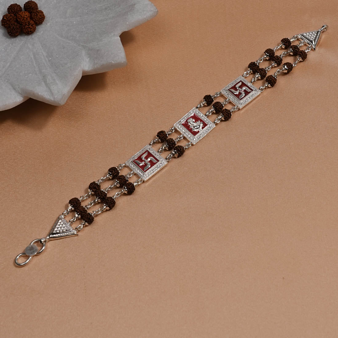 Rudraksha Silver Ganesh With Swastik Tripal Line Bracelet