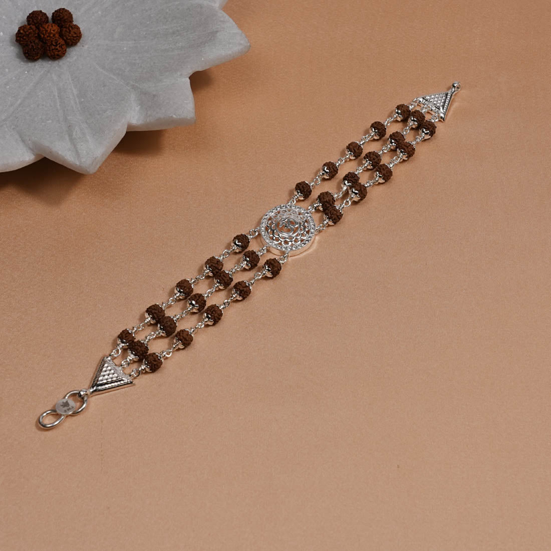 Rudraksha Silver Om in Flower Bracelet
