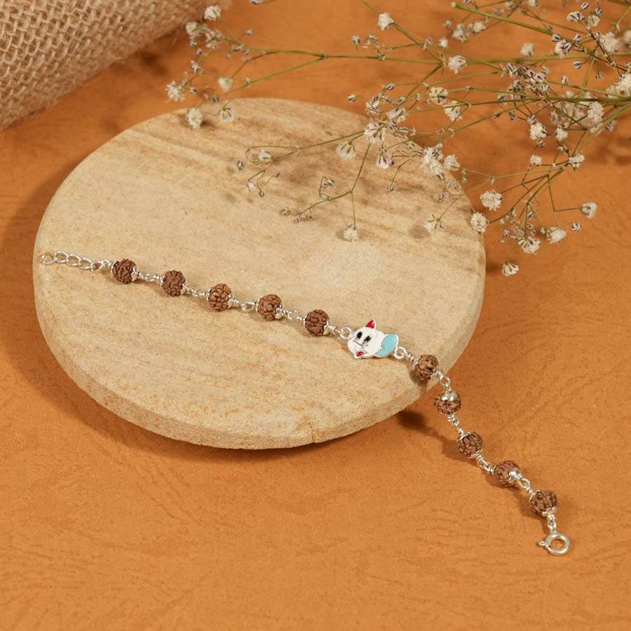 Rudraksha Silver Bracelet Tom Cat Single Line for Kids