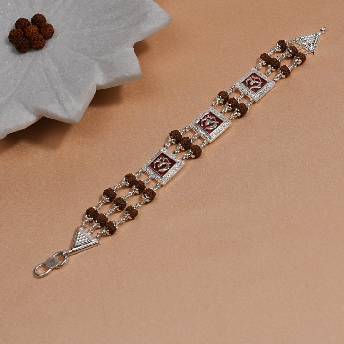 Rudraksha Silver Three Om in Red Brooch Bracelet