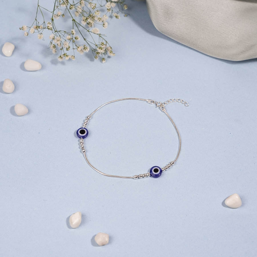 Silver Evil Eye Anklet with Silver Anklet for Women