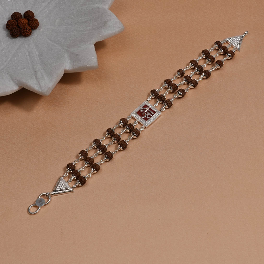 Rudraksha Silver Shree in Red Triple Line Bracelet