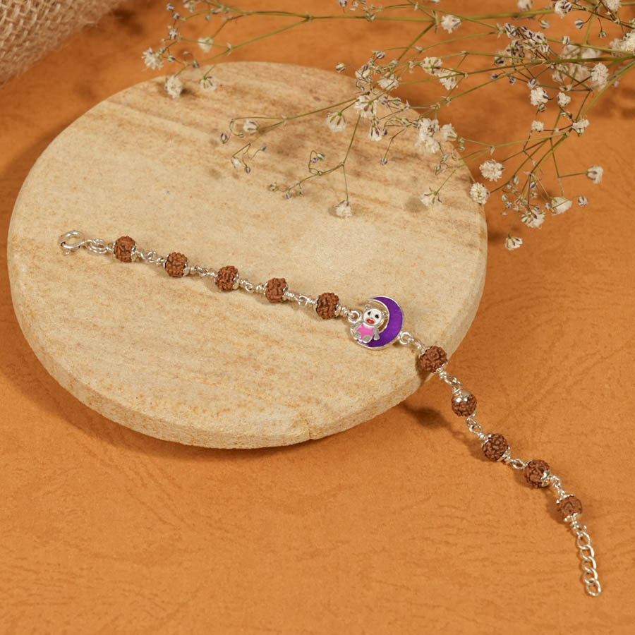 Rudraksha Silver Bracelet with Teddy and Moon Single Line for Kids