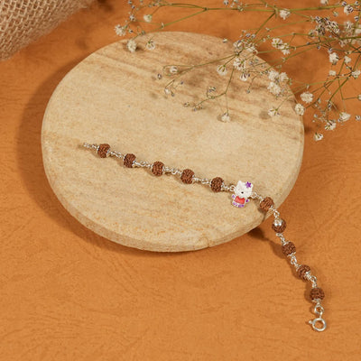 Real Rudraksha Silver Bracelet with Colorful Teddy Bear Single Line for Kids