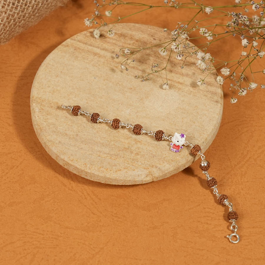 Real Rudraksha Silver Bracelet with Colorful Teddy Bear Single Line for Kids