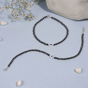 Evil Eye and Blue Beads Silver Double Line Anklets for Women