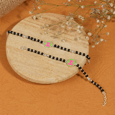 Real black beads pink Ganesh silver nazariya for kids