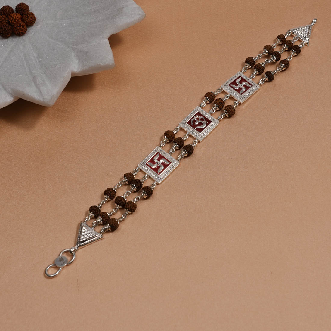 Rudraksha Silver Om With Swastik Tripal Line Bracelet