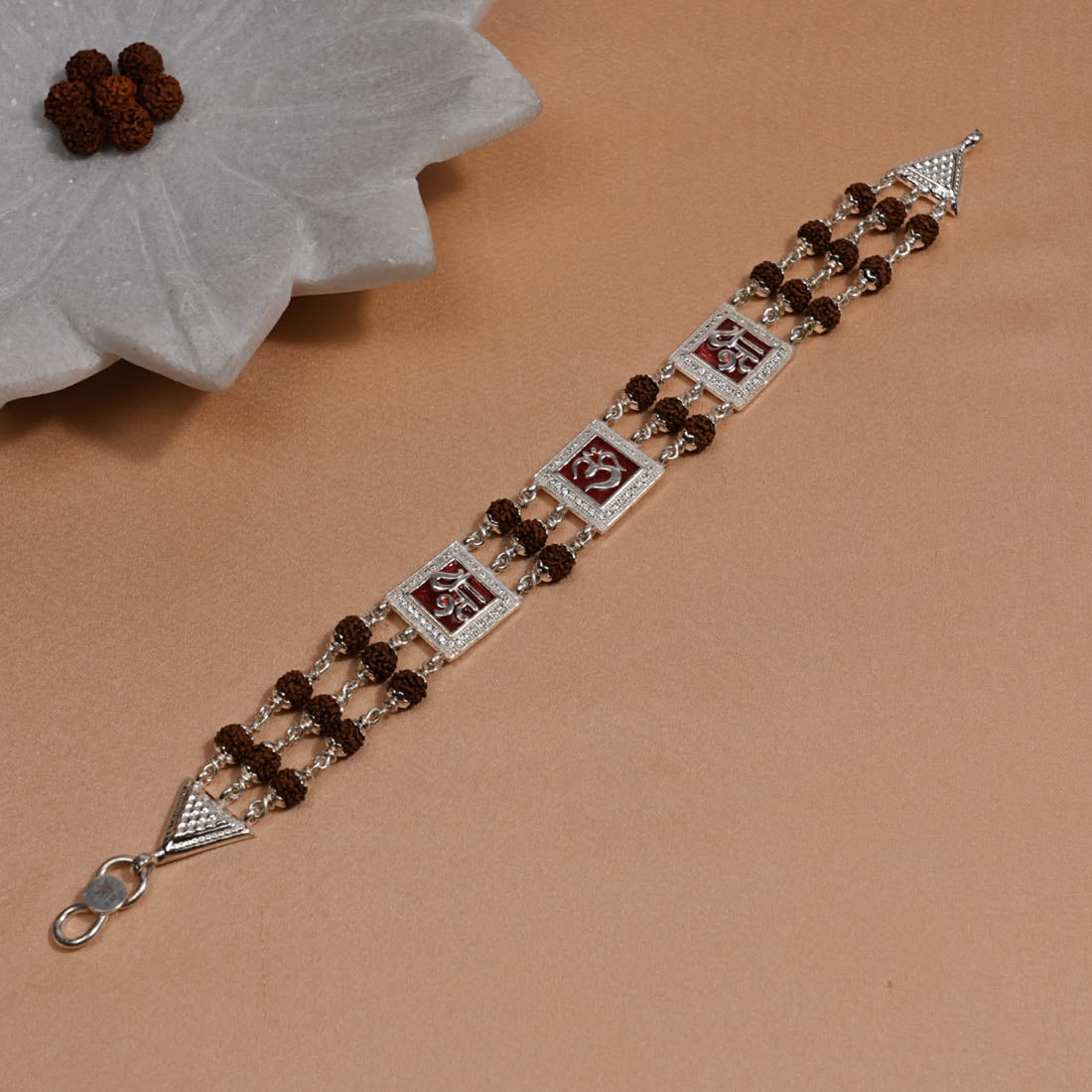 Rudraksha Silver Om With Shree Tripal Line Bracelet