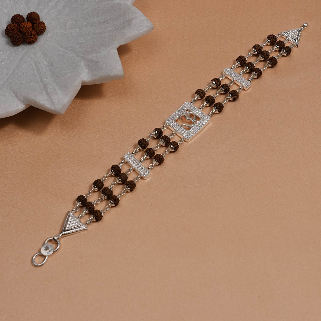 Rudraksha Silver Om Tripal Line Bracelet