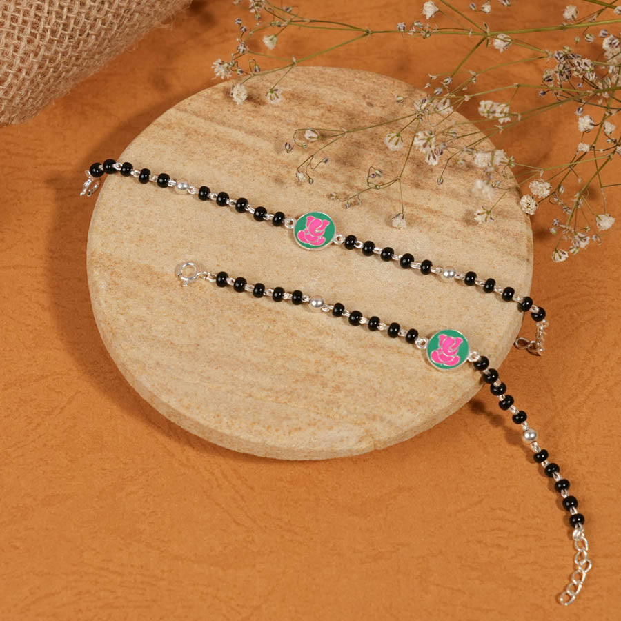 black beads pink Ganesh silver nazariya for kids
