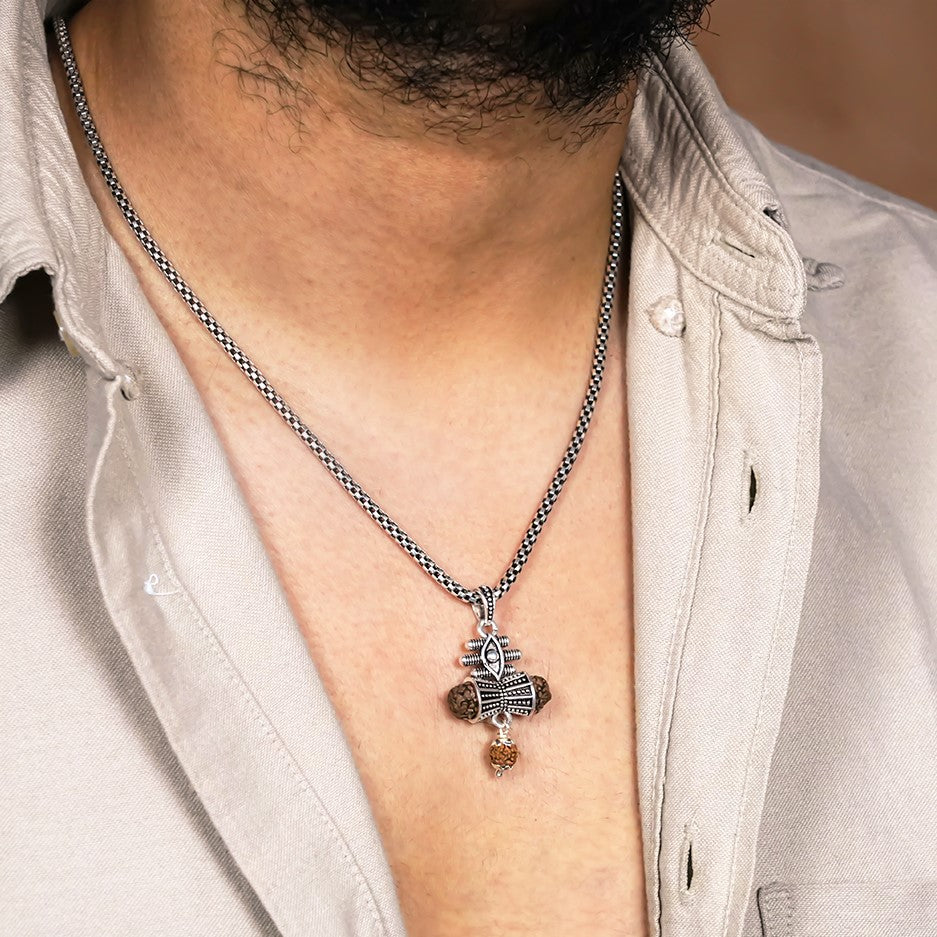 Rudraksha Damru & Lord Shiva Third Eye Pendant with Silver Chain
