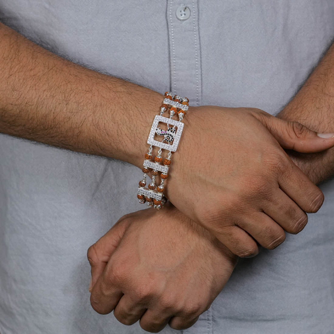 Rudraksha Silver Daimond Goga Tripel Line Bracelet