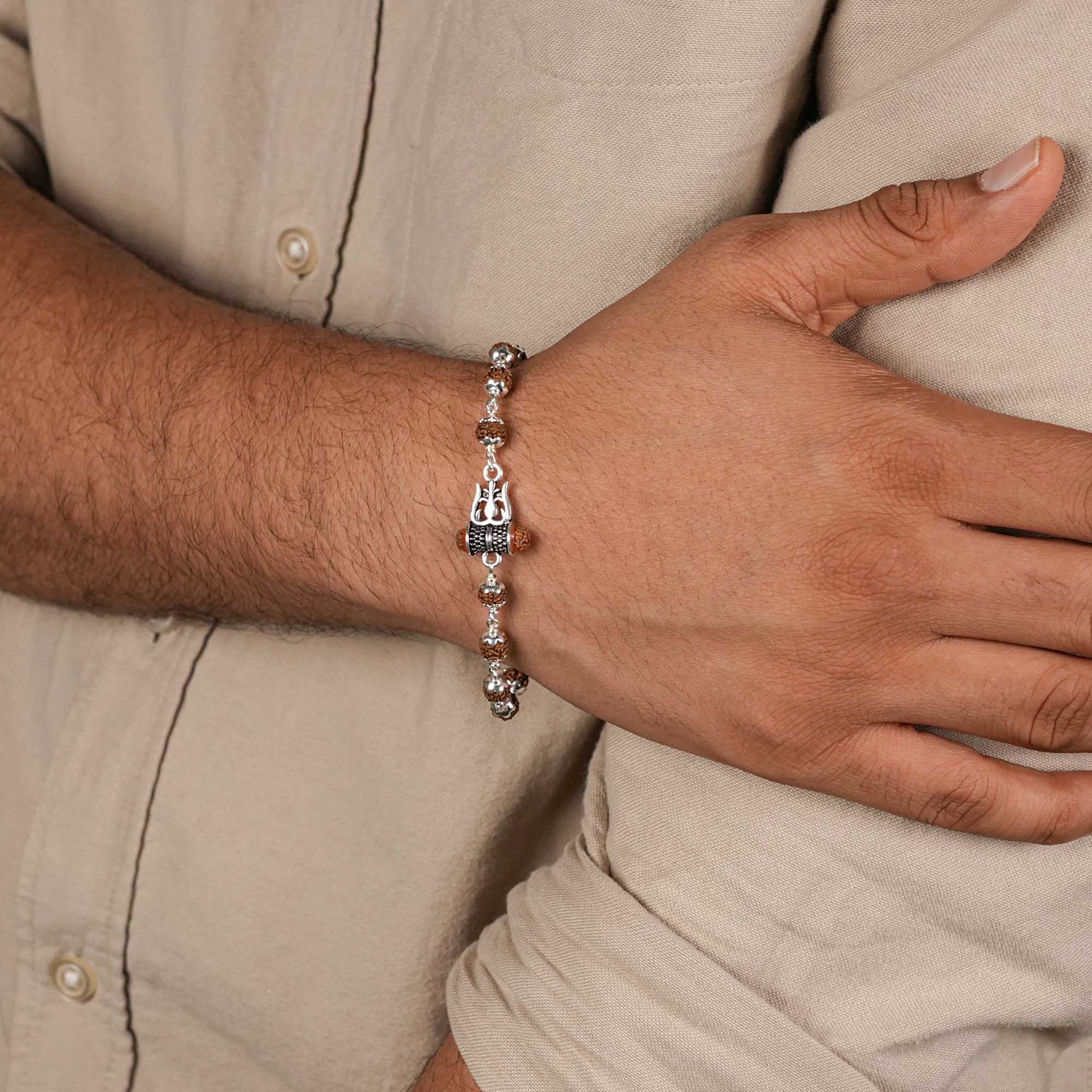Rudraksha Silver Bracelet with Om Damru Single Line for Men