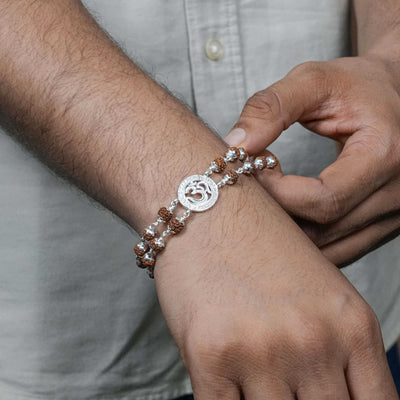 Rudraksha Silver Om Middle Double Line Bracelet