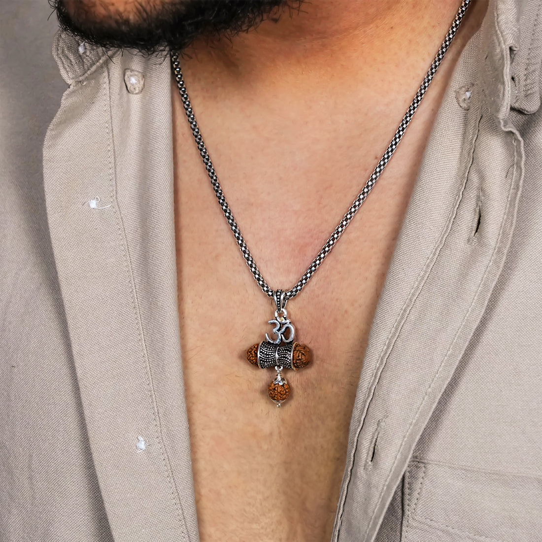 Rudraksha Om Damaru Pendants with Silver Chain