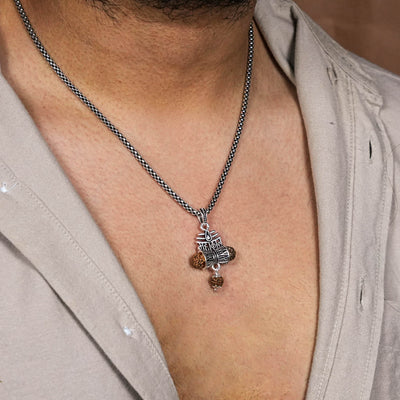Rudraksha Mahakaal Damru Pendant with Silver Chain