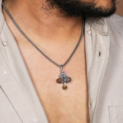Rudraksha Om Namah Shivay Damru Pendant with Silver Chain