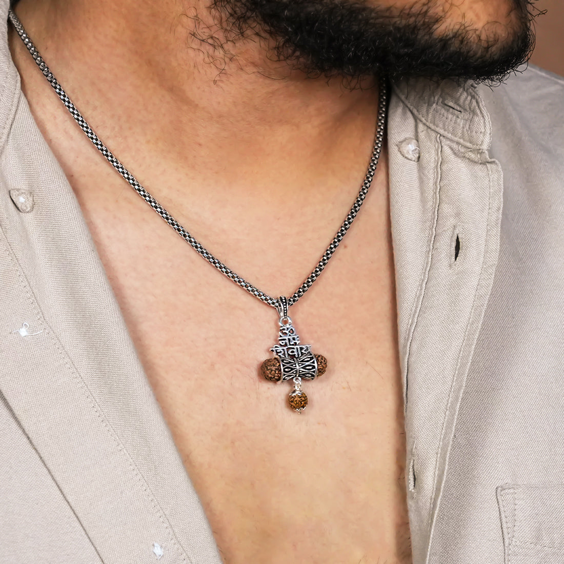 Rudraksha Om Namah Shivay Damru Pendant with Silver Chain