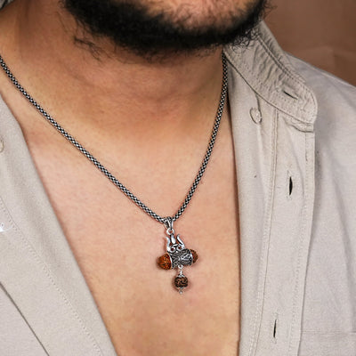 Rudraksha Trishul and Damru Pendant with Silver Chain