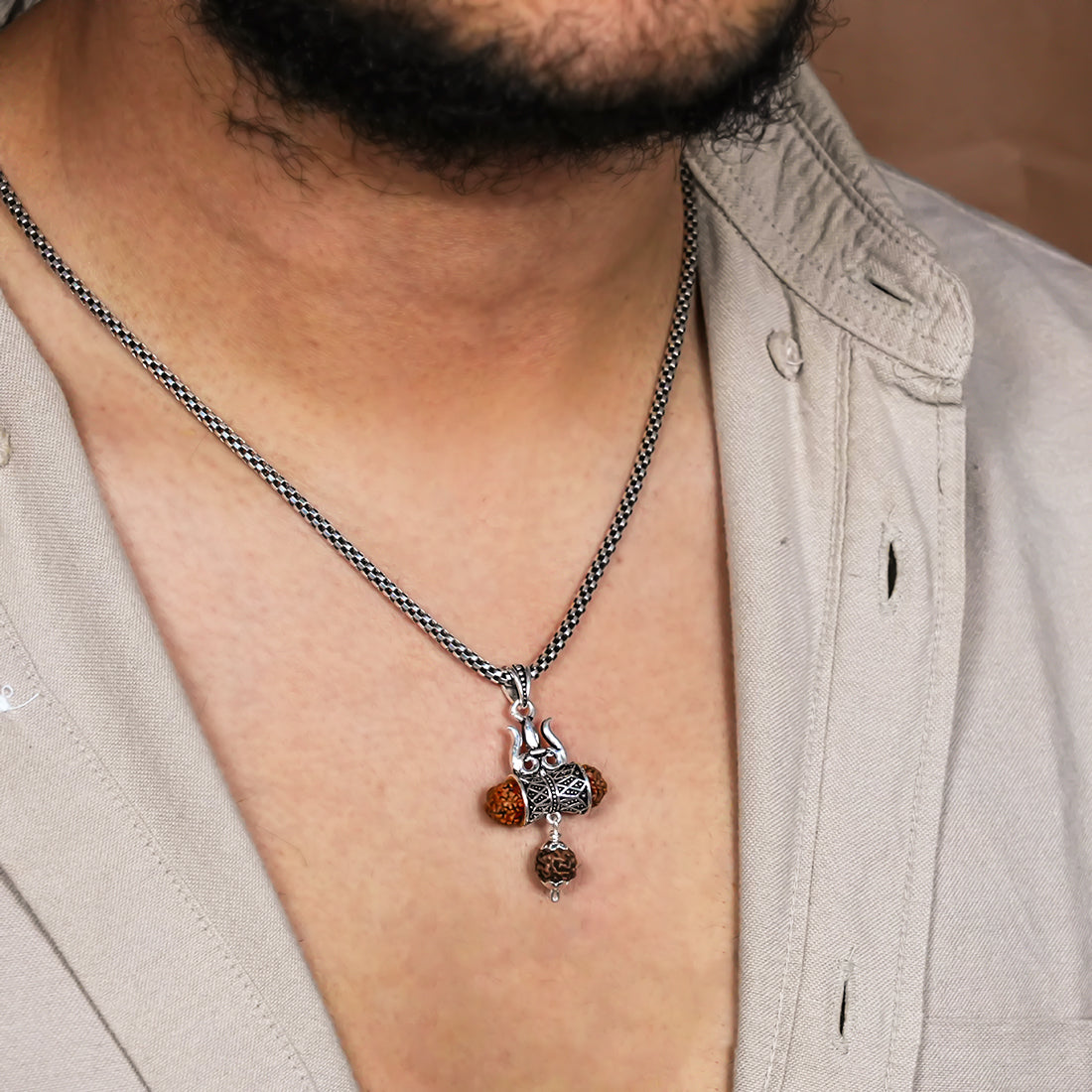 Rudraksha Trishul and Damru Pendant with Silver Chain
