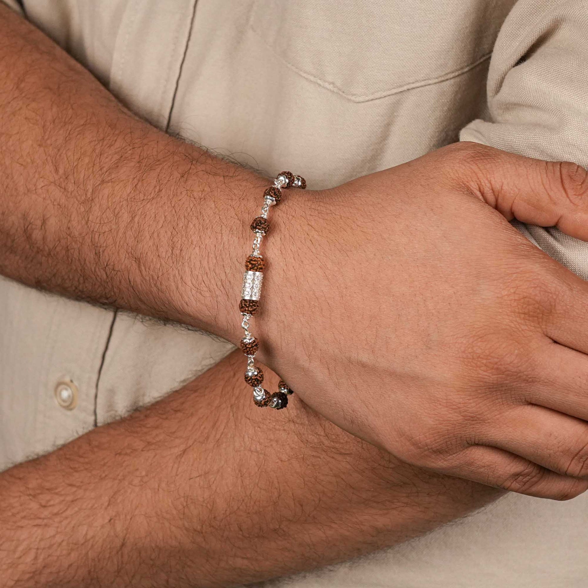 Rudraksha Silver Daimond Cylinder Bracelet