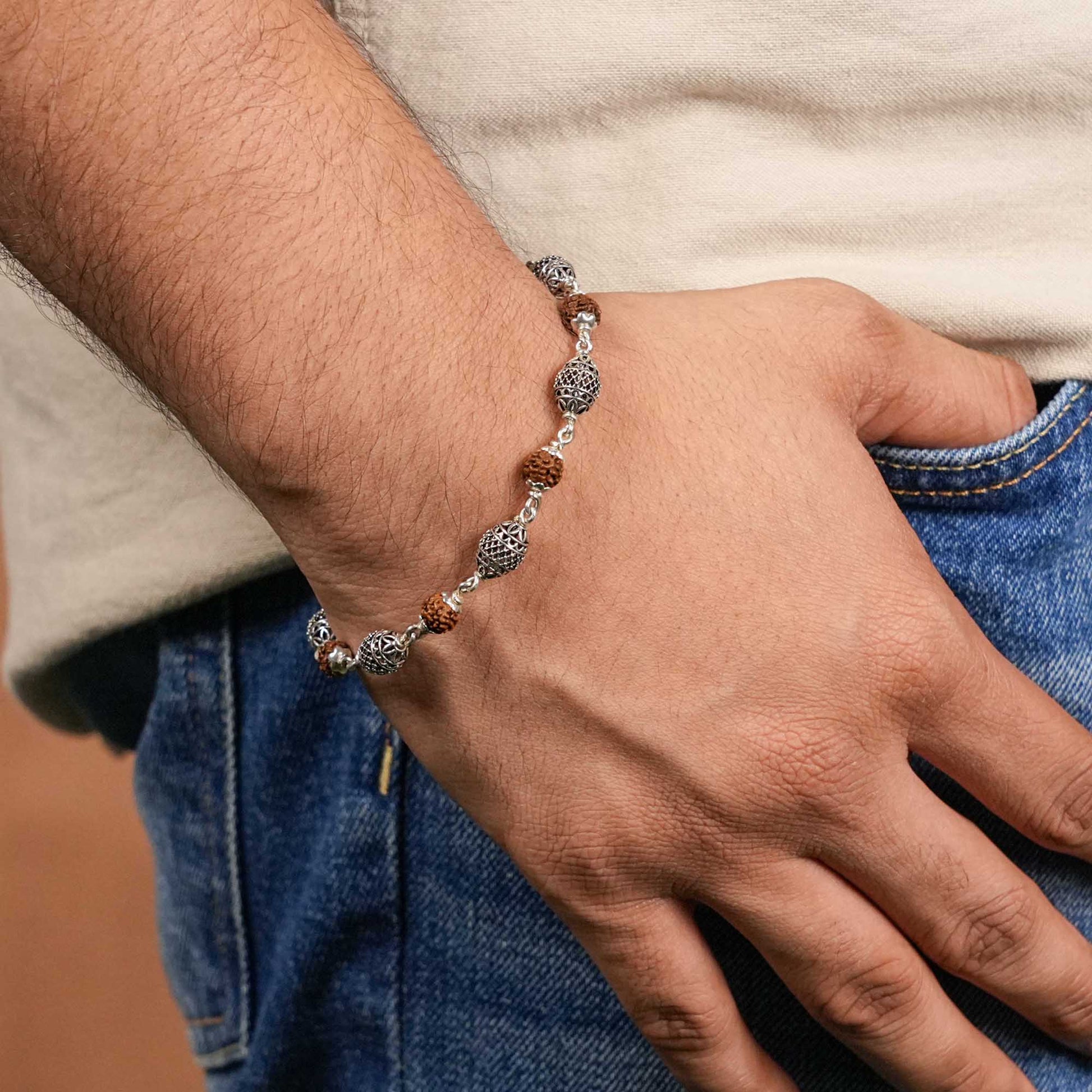 Rudraksha and Cylindrical Silver Beads Bracelet