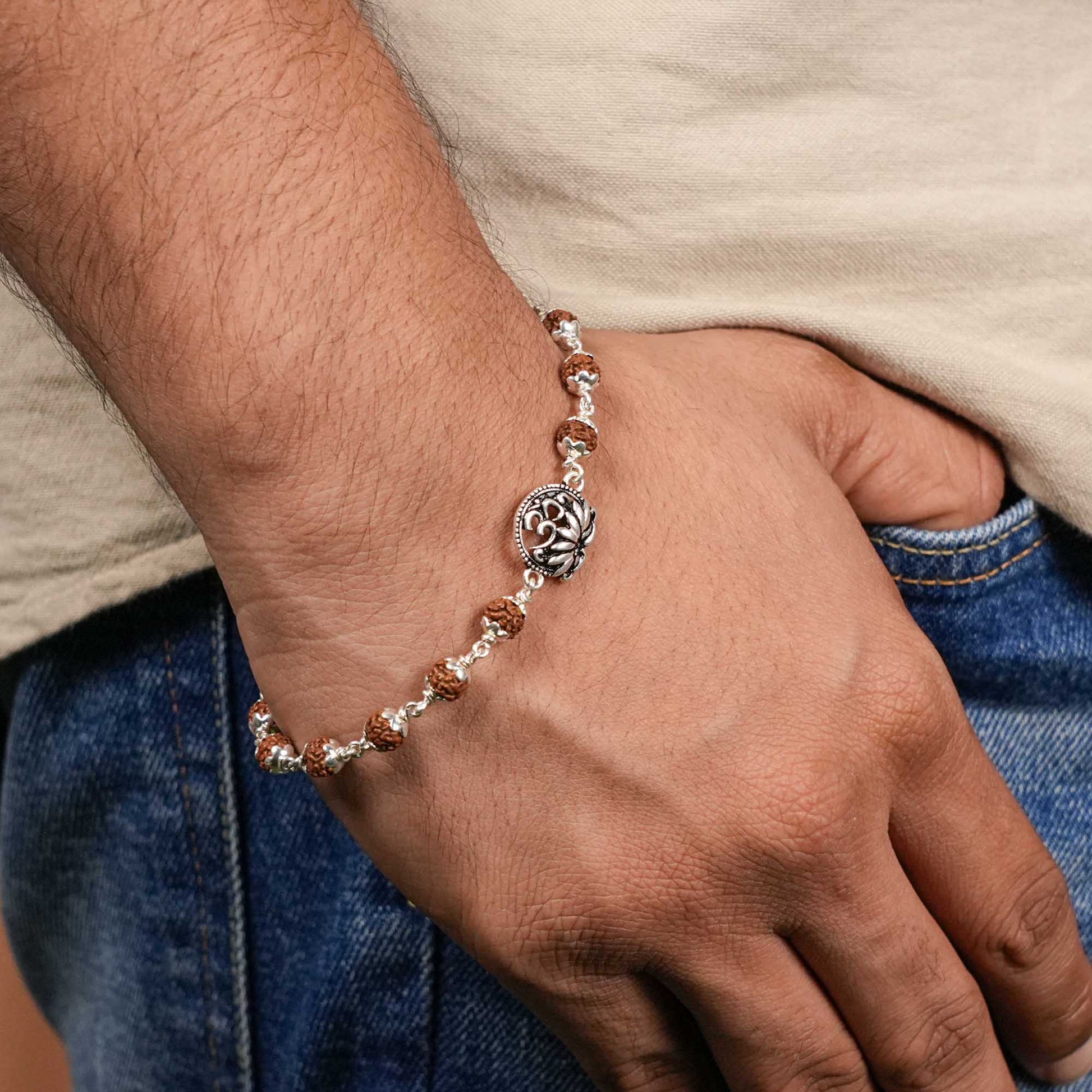 Rudraksha silver bracelet with Om and lotus flower single line for Men